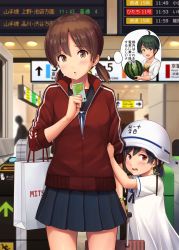 Rule 34 | black hair, blush, brown eyes, brown hair, card, commentary request, dress, food, fruit, hand grab, helmet, hiburi (kancolle), highres, holding, holding card, ichikawa feesu, jacket, kantai collection, looking at viewer, low ponytail, low twintails, mogami (kancolle), open mouth, parted lips, pleated skirt, red jacket, rolling suitcase, sailor dress, school uniform, serafuku, shirayuki (kancolle), short hair, short sleeves, skirt, suica, suitcase, translation request, twintails, watermelon, white dress