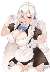 Rule 34 | 1girl, absurdres, apron, black dress, blue bow, blue bowtie, bow, bowtie, breasts, claw pose, cleavage, cowboy shot, demon horns, dress, frilled apron, frilled dress, frills, gloves, gohan oni, grin, hair between eyes, highres, horns, large breasts, long hair, maid headdress, original, puffy short sleeves, puffy sleeves, short sleeves, simple background, smile, solo, thighhighs, very long hair, white background, white gloves, white hair, white thighhighs, yellow eyes