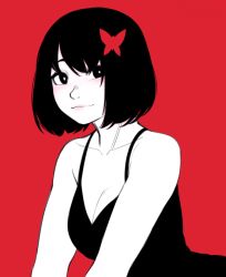 Rule 34 | 1girl, bare shoulders, blush, bob cut, breasts, butterfly hair ornament, camisole, cleavage, closed mouth, hair ornament, looking at viewer, medium breasts, monochrome, original, razalor, red background, red theme, short hair, simple background, smile, solo, upper body