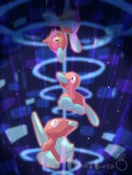 Rule 34 | animal focus, artist name, black eyes, blurry, blurry background, colored sclera, commentary request, creatures (company), evolutionary line, game freak, gen 1 pokemon, gen 2 pokemon, gen 4 pokemon, glitch, hanabusaoekaki, highres, nintendo, no humans, pokemon, pokemon (creature), porygon, porygon-z, porygon2, yellow sclera