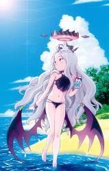 Rule 34 | 1girl, absurdres, ahoge, backlighting, bare shoulders, beach, bikini, black bikini, blue archive, blue sky, cloud, cocktail, cup, demon horns, demon wings, drinking glass, drinking straw, female focus, full body, halo, highres, hijiri rei, hina (blue archive), horns, long hair, looking back, looking to the side, low wings, mechanical halo, multi-strapped bikini, navel, outdoors, parted bangs, pink eyes, silver hair, sky, solo, sun, sunlight, swimsuit, very long hair, wading, water, wings