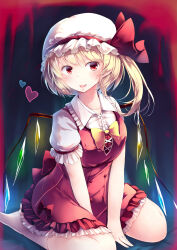 Rule 34 | 1girl, absurdres, adapted costume, blonde hair, bow, bowtie, breasts, buttons, center frills, collared shirt, dress, fang, flandre scarlet, frilled dress, frilled shirt collar, frilled sleeves, frills, full body, glowing, glowing wings, hat, hat bow, hat ribbon, heart, highres, kanzakietc, looking at viewer, medium hair, mob cap, multicolored wings, one side up, open mouth, puffy short sleeves, puffy sleeves, red bow, red dress, red eyes, red ribbon, ribbon, shirt, short sleeves, sitting, sleeve ribbon, small breasts, socks, solo, touhou, wariza, white hat, white shirt, white socks, wings, yellow bow, yellow bowtie