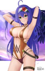 Rule 34 | 1girl, ahoge, armpits, arms behind head, arms up, blue hair, breasts, center opening, cleavage, covered navel, dated, fire emblem, fire emblem: radiant dawn, green eyes, grin, groin, hair lift, hairband, hands in hair, highres, holding, holding own hair, large breasts, layered swimsuit, long hair, looking at viewer, mia (fire emblem), nintendo, o-ring, o-ring swimsuit, one-piece swimsuit, orange one-piece swimsuit, ryuusaki rei, signature, smile, solo, swimsuit, thigh strap, very long hair, white hairband