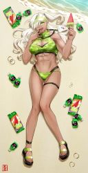 Rule 34 | 1girl, abs, absurdres, anklet, beach, bikini, breasts, candy, cleavage, cleavage cutout, clothing cutout, dark-skinned female, dark skin, eyelashes, fang, food, from above, fruit, full body, gluteal fold, green bikini, hair over one eye, halterneck, hand in mouth, highres, jewelry, large breasts, leg belt, lying, makeup, muscular, muscular female, nail polish, ocean, on back, original, outdoors, popsicle, popsicle stick, sand, sandals, smile, solo, sunsirou, swimsuit, tan, toenail polish, toenails, water, watermelon