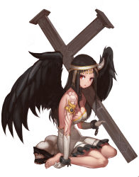 Rule 34 | 1girl, absurdres, angel, armlet, bad id, bad pixiv id, bare back, barefoot, black hair, black wings, breasts, bypos, chain, collar, cross, dress, frilled dress, frills, gloves, highres, horns, long hair, looking at viewer, original, red eyes, single horn, sitting, solo, tattoo, wariza, white background, white gloves, wings