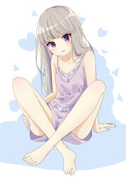 Rule 34 | 1girl, absurdres, barefoot, blue background, blunt bangs, blush, brown hair, camisole, commentary request, crossed ankles, frilled camisole, frills, full body, heart, highres, jyoji00, knees up, long hair, looking at viewer, open mouth, original, purple camisole, purple eyes, purple shorts, shorts, sitting, solo, triangle, two-tone background, white background