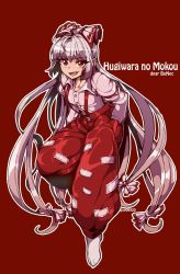 Rule 34 | 1girl, :d, ahoge, bad id, bad pixiv id, bow, collared shirt, fujiwara no mokou, grey hair, grey shirt, hair bow, hands in pockets, highres, jp06, long hair, long sleeves, looking at viewer, open mouth, outline, pants, puffy pants, red background, red eyes, red pants, shirt, simple background, smile, socks, solo, suspenders, touhou, twitter username, very long hair, white outline, white socks, wing collar