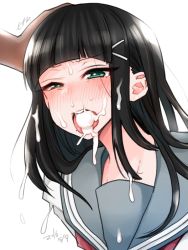 Rule 34 | 10s, 1girl, anger vein, aqua eyes, black hair, blush, cum, cum in mouth, cum in nose, cum on clothes, cum on hair, cum on tongue, cumdrip, dated, facial, frown, hair ornament, hairclip, hand on another&#039;s head, indo curry, kurosawa dia, long hair, love live!, love live! sunshine!!, mole, school uniform, simple background, solo focus, white background