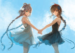 Rule 34 | 2girls, ahoge, bare shoulders, braid, brown eyes, brown hair, day, dress, feng you, flower, green eyes, hair flower, hair ornament, hairband, holding hands, long hair, luo tianyi, multiple girls, single braid, sky, smile, twin braids, very long hair, vocaloid, vocanese, yuezheng ling