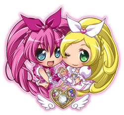 Rule 34 | 10s, 2girls, :d, angel wings, blue eyes, bow, braid, brooch, choker, cure melody, cure rhythm, curly hair, dress, earrings, frills, gem, green eyes, hair ribbon, hairband, holding hands, happy, heart, houjou hibiki, jewelry, katsuma rei, long hair, magical girl, midriff, minamino kanade, multiple girls, navel, one eye closed, open mouth, pink bow, pink hair, precure, ribbon, smile, sparkle, suite precure, twintails, white choker, wings, wink, wrist cuffs
