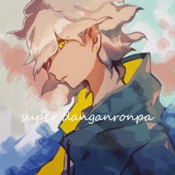 Rule 34 | 1boy, closed mouth, copyright name, danganronpa (series), danganronpa 2: goodbye despair, earrings, expressionless, flipped hair, from side, green jacket, grey hair, highres, hood, hooded jacket, jacket, jewelry, komaeda nagito, male focus, medium hair, messy hair, multicolored background, profile, shi chimi, solo, two-sided fabric, two-sided jacket, yellow eyes, yellow jacket