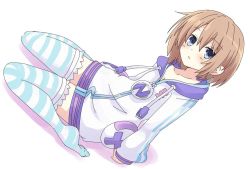 Rule 34 | 1girl, :d, blanc (neptunia), blue eyes, blush, breasts, brown hair, child, cleavage, commentary request, cosplay, full body, hair between eyes, hood, hooded jacket, iwashi dorobou -r-, jacket, looking at viewer, neptune (neptunia), neptune (neptunia) (cosplay), neptune (series), no shoes, open mouth, short hair, simple background, sitting, small breasts, smile, solo, striped clothes, striped thighhighs, thighhighs, usb, wariza, white background, zipper