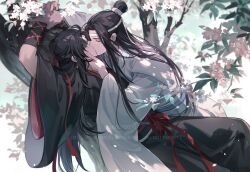 Rule 34 | 2boys, arms up, artist name, bishounen, black hair, black robe, blindfold, blue sky, branch, chinese clothes, closed eyes, commentary request, day, eyelashes, flower, hair bun, hair ornament, hand on another&#039;s chin, hanfu, headband, highres, in tree, kiss, lan wangji, long hair, long sleeves, lying, male focus, modao zushi, multiple boys, on back, outdoors, parted bangs, pink flower, robe, sidelocks, single hair bun, sky, tree, twitter username, usagishi, very long hair, watermark, wei wuxian, white headband, white robe, wide sleeves, xiao guan (headdress), yaoi