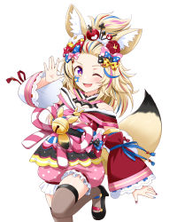 Rule 34 | 1girl, absurdres, animal ear fluff, animal ears, bangs pinned back, black bow, black footwear, blonde hair, blue bow, blue hair, blue nails, bow, detached sleeves, felutiahime, fox ears, fox girl, fox tail, hair bow, highres, hololive, japanese clothes, kimono, multicolored hair, nail polish, off shoulder, omaru polka, omaru polka (new year), one eye closed, open hands, open mouth, pink bow, pink hair, purple eyes, red bow, red hair, red nails, skindentation, solo, standing, standing on one leg, streaked hair, tail, thighhighs, virtual youtuber, wide sleeves, yellow bow, yukata