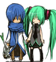 Rule 34 | 1boy, 1girl, ^ ^, blue hair, blue scarf, closed eyes, green hair, groceries, holding hands, hatsune miku, hetero, kaito (vocaloid), long hair, nagi (pixiv), necktie, scarf, smile, spring onion, thighhighs, twintails, very long hair, vocaloid