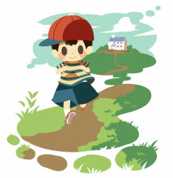 Rule 34 | 1boy, baseball cap, blue footwear, blue sky, blush stickers, closed mouth, full body, grass, hat, hitofutarai, house, looking ahead, male focus, mother (game), mother 2, ness (mother 2), nintendo, path, red footwear, red headwear, road, short hair, sideways hat, sky, smile, solid oval eyes, walking