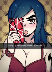 Rule 34 | 1girl, :p, akairiot, black hair, blush, bra, breasts, cleavage, commentary, english text, highres, kathleen (akairiot), large breasts, long hair, mole, mole under eye, one eye covered, original, purple bra, selfie, shoulder tattoo, snapchat, solo, swept bangs, tattoo, tongue, tongue out, underwear, watch, wristwatch