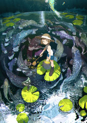 Rule 34 | 1girl, 1other, animal, arm up, artist name, bare shoulders, black footwear, black pants, blue shorts, bob cut, brown eyes, brown hair, bucket, demizu posuka, fantasy, feeding, fish, flying fish, food, food wrapper, from above, from side, hat, highres, holding, holding bucket, holding ladle, kneehighs, koi, ladle, leaf, lily pad, looking at viewer, mochi, nature, object head, original, pants, pond, ripples, school of fish, shirt, shoes, short hair, shorts, sleeveless, sleeveless shirt, socks, standing, star (symbol), straw hat, sun hat, water, white shirt