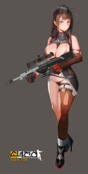 Rule 34 | 1girl, absurdres, anti-materiel rifle, assault rifle, asymmetrical gloves, bikini, black bikini, black bra, black footwear, black gloves, black headwear, black panties, black thighhighs, blush, bolt-action rifle, bolt action, bra, breasts, brown hair, bullpup, cleavage, closed mouth, copyright name, dsr-50, dsr-50 (girls&#039; frontline), full body, girls&#039; frontline, gloves, grey background, gun, high heels, highres, holding, holding gun, holding weapon, jonbur man, large breasts, long hair, looking at viewer, muzzle device, panties, red eyes, rifle, single thighhigh, smile, sniper rifle, solo, standing, swimsuit, thighhighs, torn clothes, torn gloves, torn thighhighs, underwear, weapon
