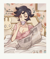 Rule 34 | 1girl, aged down, artist name, bed, black hair, border, breasts, cleavage, collarbone, commentary request, creatures (company), cup, drinking, echizen (n fns17), eyelashes, game freak, gen 8 pokemon, half-closed eyes, holding, holding cup, holding newspaper, indoors, looking down, milcery, newspaper, nightgown, nintendo, opal (pokemon), pink nightgown, pokemon, pokemon (creature), pokemon swsh, reading, short hair, short sleeves, teacup, under covers, white border