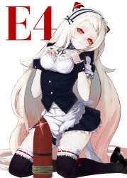 Rule 34 | 10s, 1girl, abyssal ship, airfield princess, alternate costume, ammunition, apron, black footwear, black thighhighs, blush, breasts, cleavage, enmaided, high heels, highres, horns, kantai collection, kumonji aruto, long hair, looking at viewer, maid, maid apron, maid headdress, mary janes, medium breasts, red eyes, sexually suggestive, shoes, short sleeves, solo, thighhighs, waist apron, white hair, wrist cuffs
