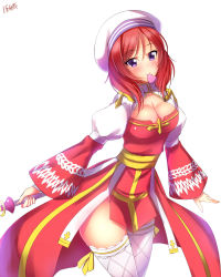 Rule 34 | 1girl, alternate color, arch bishop (ragnarok online), archbishop (cosplay), blush, breasts, cleavage, cosplay, dated, hat, heart, highres, long sleeves, looking at viewer, love live!, love live! school idol project, mouth hold, nishikino maki, purple eyes, ragnarok online, red hair, short hair, simple background, solo, thighhighs, white background, white thighhighs, yu-ta