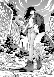 Rule 34 | 1girl, backpack, bag, belt, box, breasts, building, cellphone, crack, cracked floor, day, delivery, eduroku, food delivery box, from below, from side, frown, full body, grass, greyscale, hair over one eye, hand in pocket, highres, holding, holding phone, jacket, long hair, long sleeves, looking at viewer, looking down, looking to the side, medium breasts, monochrome, original, pants, phone, post-apocalypse, ruins, shoes, sky, skyscraper, sneakers, solo, swept bangs, tree, walking