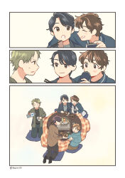 Rule 34 | 3koma, 5boys, :c, :t, absurdres, arm around neck, black hair, black jacket, black shirt, black socks, blue jacket, blue pants, bottle, bowl, brown eyes, brown hair, chopsticks, comic, cup, dot nose, futon, green hair, highres, holding, holding chopsticks, holding cup, hot plate, hotpot, jacket, kojiro337, looking at another, multiple boys, multiple views, no shoes, open clothes, open jacket, open mouth, original, pants, parted bangs, shirt, signature, silent comic, socks, swept bangs, teeth, water bottle