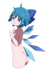 Rule 34 | 1girl, ahoge, ass, back, blue eyes, blue hair, bow, cirno, hair bow, highres, ice, ice wings, looking at viewer, matching hair/eyes, namauni, nude, solo, touhou, wings