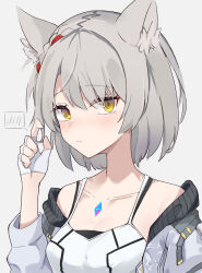 Rule 34 | 1girl, absurdres, animal ear fluff, animal ears, bare shoulders, blush, braid, breasts, camisole, collarbone, commentary request, fingerless gloves, gloves, grey background, grey hair, grey jacket, hand up, highres, jacket, long sleeves, looking at viewer, mibashi (hash1 bam1), mio (xenoblade), off shoulder, open clothes, open jacket, parted lips, puffy long sleeves, puffy sleeves, short hair, simple background, small breasts, solo, spoken blush, upper body, white camisole, white gloves, xenoblade chronicles (series), xenoblade chronicles 3