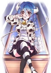 Rule 34 | 1girl, :o, animal print, asymmetrical legwear, bell, black skirt, black thighhighs, blue hair, blush, bottle, breasts, cart, commentary request, cow girl, cow horns, cow print, cow tail, crossed legs, drinking, feet out of frame, hair between eyes, highres, horns, jacket, jashin-chan dropkick, large breasts, long sleeves, looking at viewer, milk, milk bottle, minos (jashin-chan dropkick), mmkaeo, neck bell, open mouth, pleated skirt, print jacket, red eyes, shirt, short hair, sitting, skirt, solo, striped clothes, striped thighhighs, tail, thighhighs, white horns, white jacket, white shirt, white thighhighs, zettai ryouiki