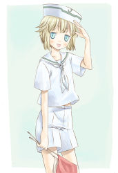 Rule 34 | 00s, 1girl, blonde hair, blue eyes, dixie cup hat, element hunters, flag, flat chest, green background, hat, juno (element hunters), military hat, sailor, sailor collar, sailor hat, salute, short hair, shorts, simple background, solo, takano natsuki, white shorts