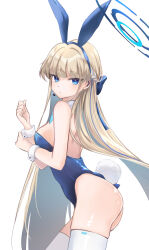 Rule 34 | 1girl, absurdres, animal ears, ass, bare arms, bare shoulders, blonde hair, blue archive, blue eyes, blue hairband, blue leotard, breasts, commentary request, cowboy shot, earrings, fake animal ears, fake tail, hairband, highres, jewelry, large breasts, leotard, long hair, looking at viewer, playboy bunny, rabbit ears, rabbit tail, raramente, simple background, solo, standing, strapless, strapless leotard, tail, thighhighs, thighs, toki (blue archive), toki (bunny) (blue archive), very long hair, white background, white thighhighs, wrist cuffs