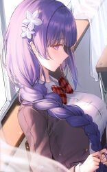 Rule 34 | 1girl, absurdres, alternate costume, ame 816, blush, bow, bowtie, braid, breasts, brown jacket, chair, collared shirt, curtains, day, desk, dress shirt, flower, from side, genshin impact, hair flower, hair ornament, hair over shoulder, hair tie in mouth, highres, holding, holding hair, indoors, jacket, large breasts, long hair, long sleeves, looking ahead, low-braided long hair, low-tied long hair, mouth hold, plaid, plaid bow, plaid bowtie, profile, purple eyes, purple hair, raiden shogun, red bow, red bowtie, school chair, school desk, school uniform, shirt, single braid, sitting, solo, taut clothes, taut shirt, tying hair, upper body, very long hair, white flower, white shirt, window