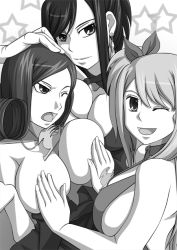 Rule 34 | 3girls, breasts, covering privates, covering breasts, erza scarlet, fairy tail, juvia lockser, kishuu chokkoo, large breasts, lucy heartfilia, monochrome, multiple girls, smile, wink