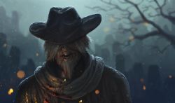 Rule 34 | 1boy, bare tree, beard, black hat, blindfold, bloodborne, blurry, cloak, commentary request, depth of field, embers, face, facial hair, facing viewer, fangs, father gascoigne, grey hair, hat, highres, holding, long hair, male focus, open mouth, outdoors, rain, satoyuki, scarf, short hair, solo, teeth, tombstone, tree