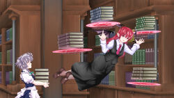 Rule 34 | 2girls, :d, absurdres, aged down, apron, bat wings, black skirt, black vest, black wings, blue dress, book, bookshelf, bow, braid, breasts, brown footwear, collared shirt, commentary request, dress, dress shirt, floating, floating book, floating object, frilled dress, frills, from side, full body, green bow, grey hair, hair between eyes, hair bow, hair ribbon, head wings, hexagram, highres, holding, holding book, index finger raised, indoors, izayoi sakuya, koakuma, library, loafers, long hair, long sleeves, looking at another, magic, magic circle, maid, maid headdress, medium breasts, multiple girls, necktie, open mouth, pinafore dress, pointy ears, puffy short sleeves, puffy sleeves, red eyes, red hair, red necktie, ribbon, ringed eyes, shirt, shoes, short hair, short sleeves, sidelocks, skirt, skirt set, sleeveless, sleeveless dress, smile, tokiwa tsuma tokiwazuma, touhou, tress ribbon, twin braids, vest, voile, waist apron, white shirt, wings