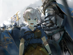 Rule 34 | 1girl, aged down, armor, braid, breastplate, cape, crying, crying with eyes open, father and daughter, flag, french braid, full armor, funi mu9, green eyes, grey hair, hand on another&#039;s shoulder, highres, hololive, knight, medium hair, open mouth, ponytail, shield, shirogane noel, sword, tears, virtual youtuber, weapon