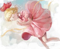 Rule 34 | 1girl, blonde hair, blush, bow, dress, closed eyes, hair bow, mother (game), mother 2, myuu1995, nintendo, own hands together, paula (mother 2), ribbon, simple background, smile, solo