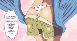 Rule 34 | 1girl, ass, ass focus, blue wings, clothes pull, feathered wings, feathers, food, from behind, fruit, harpy, highres, huge ass, monster girl, monster musume no iru nichijou, panties, pants, pants pull, papi (monster musume), presenting, pulling own clothes, shiny skin, short shorts, shorts, solo, strawberry, thong, underwear, wings