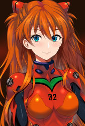 Rule 34 | 1girl, blush, bodysuit, breasts, brown background, commentary request, eva 02, hair ornament, hairclip, highres, long hair, looking at viewer, neon genesis evangelion, nerv, orange bodysuit, orange hair, plugsuit, pukara, red bodysuit, revision, small breasts, smile, solo, souryuu asuka langley, upper body