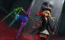 Rule 34 | 1girl, absurdres, alternate costume, backlighting, black jacket, black thighhighs, blonde hair, blood, blurry, bow, claws, clenched hand, collarbone, depth of field, dress, fangs, flandre scarlet, foreshortening, hat, hat bow, highres, jacket, lace, lace-trimmed legwear, lace trim, light rays, mob cap, newnand, open mouth, original, pool of blood, red eyes, short dress, side ponytail, skull, smile, solo, thighhighs, touhou, vampire, white dress, wings