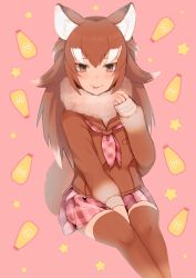 Rule 34 | 1girl, :p, ancolatte (onikuanco), animal ears, bad id, bad twitter id, between legs, blush, brown eyes, brown hair, brown thighhighs, commentary request, fang, food, food on face, fur collar, hand between legs, highres, japanese wolf (kemono friends), kemono friends, long hair, long sleeves, mayonnaise, multicolored hair, neckerchief, plaid, plaid neckerchief, plaid neckwear, plaid skirt, pleated skirt, sailor collar, sitting, skirt, solo, sweater, tail, thighhighs, tongue, tongue out, white hair, wolf ears, wolf tail, zettai ryouiki