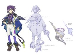 Rule 34 | 1boy, black shirt, blouse, collared shirt, dagger, full body, half updo, hand on own hip, heterochromia, highres, knife, male focus, multiple views, neckerchief, nishihara isao, pantyhose, pantyhose under shorts, partially colored, purple eyes, purple hair, shirt, short hair, shorts, simple background, sleeves rolled up, smile, standing, undone neckerchief, weapon, white background, wings, yellow eyes
