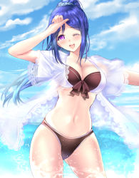 Rule 34 | 1girl, arm up, bad id, bad pixiv id, bikini, black bikini, blue hair, blue sky, blush, breasts, cleavage, clenched hand, cloud, commentary request, cowboy shot, day, dress shirt, front-tie bikini top, front-tie top, hand on own forehead, large breasts, long hair, looking at viewer, love live!, love live! school idol festival, love live! sunshine!!, matsuura kanan, mismatched bikini, navel, ocean, one eye closed, open mouth, outdoors, ponytail, ponytail korosuke, purple eyes, revision, see-through, shirt, short sleeves, sky, smile, solo, standing, swimsuit, water, wet, wet clothes, wet shirt, white shirt