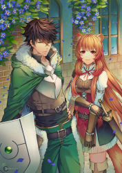 Rule 34 | 1boy, 1girl, animal ear fluff, animal ears, artist name, black hair, boots, brick wall, brown gloves, brown hair, cape, chest plate, closed mouth, darkavey, falling petals, flower, gloves, green cape, green eyes, highres, holding, holding own arm, holding shield, iwatani naofumi, long hair, petals, raccoon ears, raccoon girl, raccoon tail, raphtalia, sheath, shield, smile, standing, sweater, sword, tail, tate no yuusha no nariagari, thigh boots, thighhighs, watermark, weapon, white sweater, window
