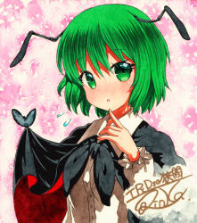 Rule 34 | 1girl, :o, antennae, bad id, bad pixiv id, black cape, buttons, cape, collared shirt, dress shirt, finger to mouth, flying sweatdrops, green eyes, green hair, long sleeves, looking at viewer, open mouth, pink background, qqqrinkappp, shikishi, shirt, short hair, signature, solo, touhou, traditional media, upper body, white shirt, wriggle nightbug
