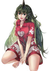 Rule 34 | 1girl, animal ears, barefoot, between legs, buttons, cloud print, collared shirt, commentary request, green eyes, green hair, hand between legs, heart, highres, horns, komano aunn, lips, long hair, looking at viewer, open mouth, red shirt, shirt, short sleeves, shorts, single horn, sirasu, smile, solo, squatting, teeth, toenails, touhou, v arms, white shorts, wing collar