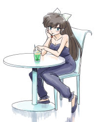 Rule 34 | 1girl, artist request, bare shoulders, bow, breasts, brown hair, chair, cherry, cleavage, collarbone, dress, food, fruit, green eyes, highres, kuonji ukyou, long hair, looking at viewer, medium breasts, ranma 1/2, romper, shoes, sitting, smile, wanta (futoshi)