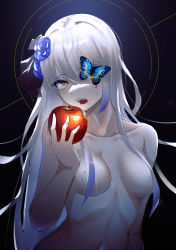 Rule 34 | 1girl, absurdres, animal, apple, blood, blood from mouth, blood on breasts, blood on face, blood on hands, blue butterfly, blue eyeshadow, bug, butterfly, character name, convenient censoring, eating, eyelashes, eyes visible through hair, eyeshadow, fangs, flower, food, fruit, glowing, hair flower, hair ornament, highres, holding, holding food, holding fruit, insect, long hair, looking at viewer, makeup, navel, nude, open mouth, original, slit pupils, solo, striped, teeth, tongue, upper teeth only, virtual youtuber, white hair, yellow eyes, zhait007